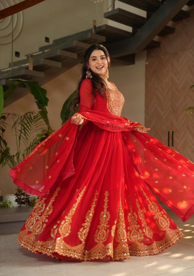 Red Embroidered Georgette Anarkali Set With Dupatta