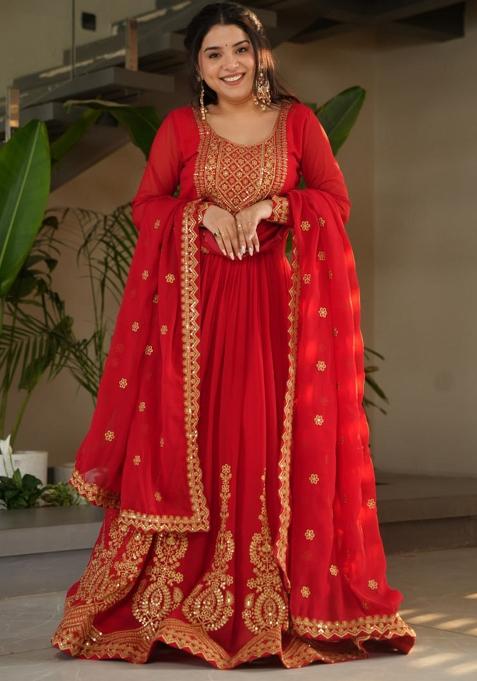 Red Embroidered Georgette Anarkali Set With Dupatta