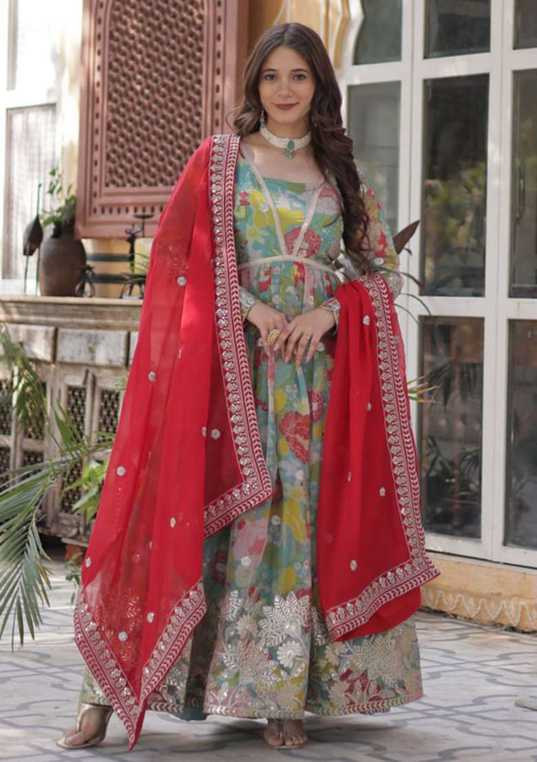 Turquoise Blue Embroidered Silk Blend Sharara Set - Indya