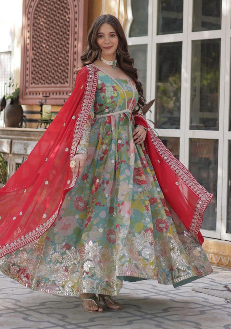 Turquoise Blue Embroidered Silk Anarkali Set With Dupatta