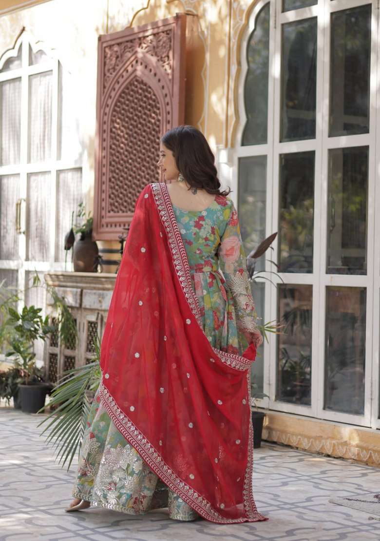 Turquoise Blue Embroidered Silk Blend Sharara Set - Indya