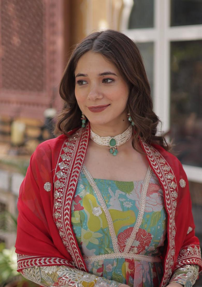 Turquoise Blue Embroidered Silk Anarkali Set With Dupatta