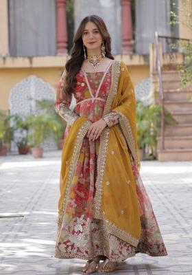 Mustard Yellow Embroidered Silk Anarkali Set With Dupatta