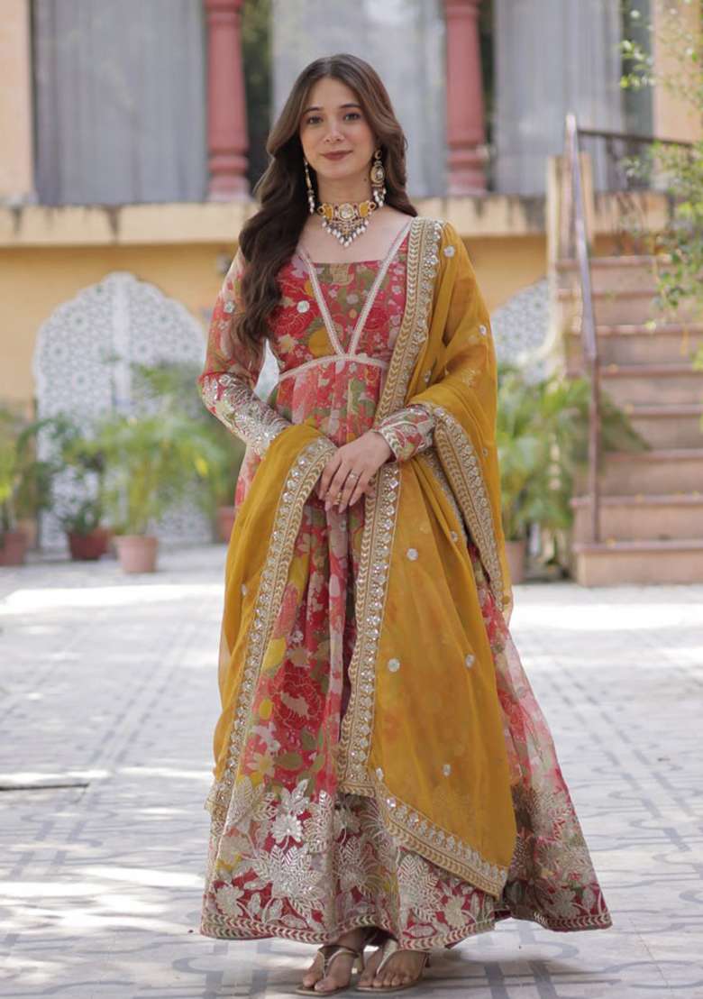 Mustard Yellow Printed Silk Anarkali Set - Indya