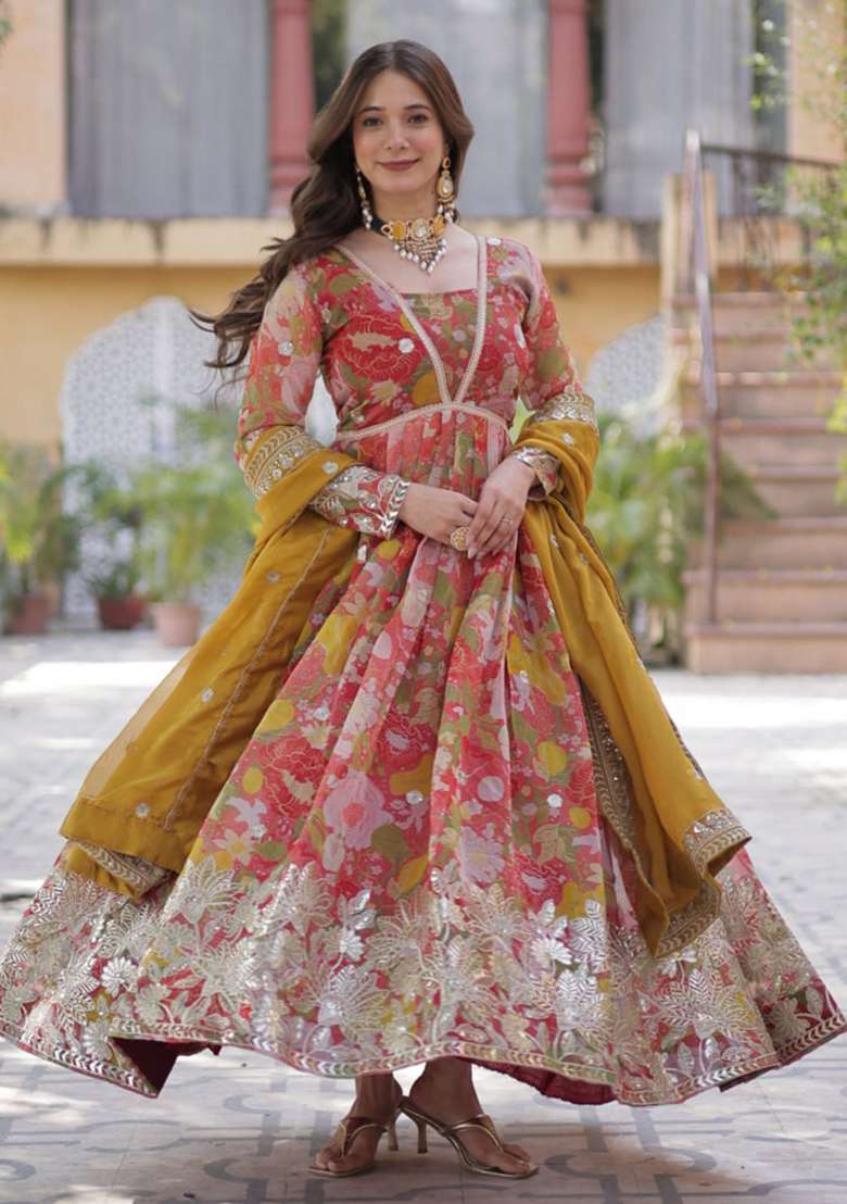 Mustard Yellow Printed Silk Anarkali Set - Indya