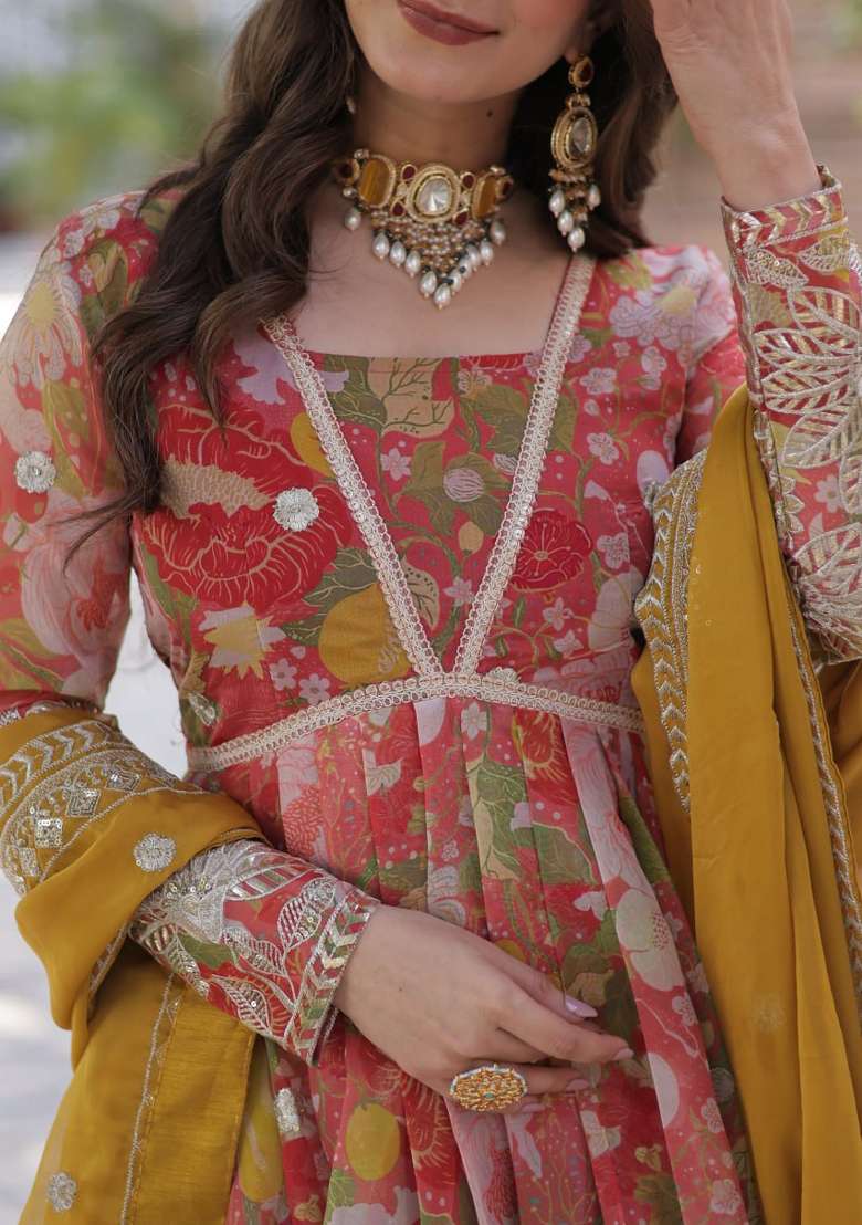 Mustard Yellow Printed Silk Anarkali Set - Indya