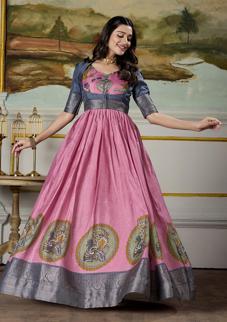 Pink Kalamkari Print Silk Anarkali Set
