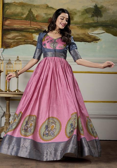 Pink Kalamkari Print Silk Anarkali Set