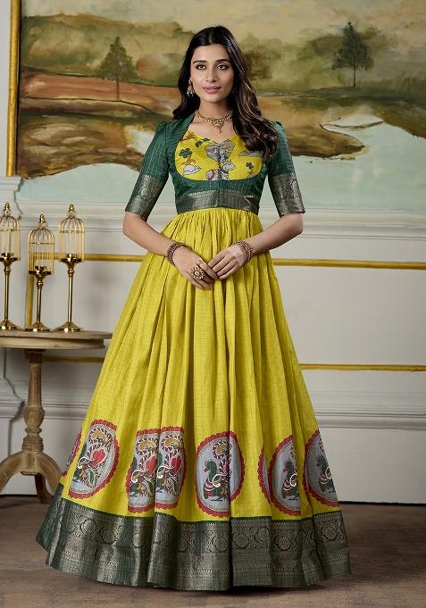 Parrot Green Kalamkari Print Silk Anarkali Set