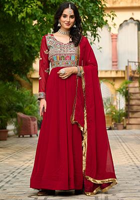 Maroon Embroidered Georgette Anarkali Set With Dupatta