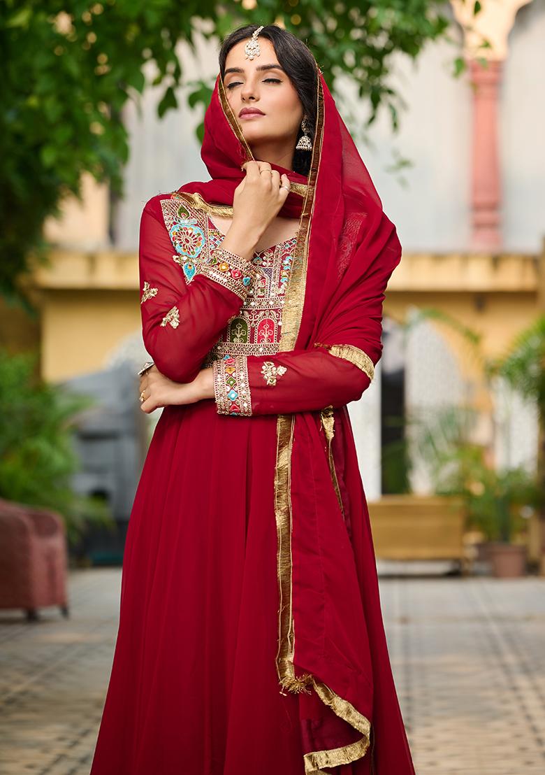Maroon Embroidered Georgette Anarkali Set With Dupatta