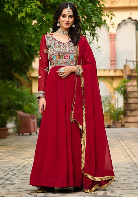 Maroon Embroidered Georgette Anarkali Set With Dupatta