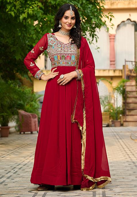 Maroon Embroidered Georgette Anarkali Set With Dupatta