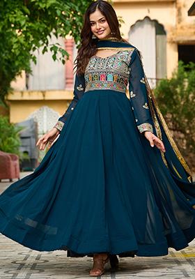 Teal Blue Embroidered Georgette Anarkali Set With Dupatta
