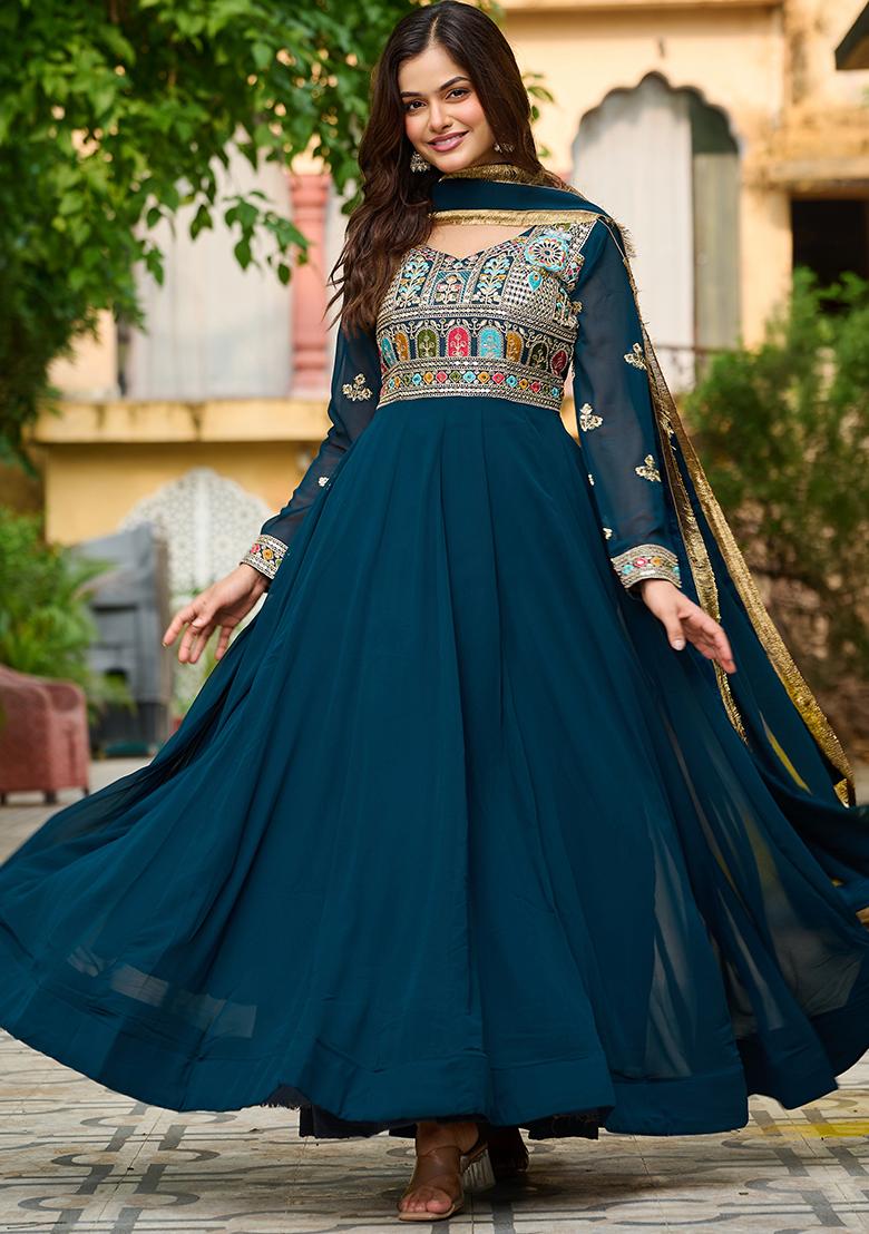 Teal Blue Embroidered Georgette Anarkali Set With Dupatta