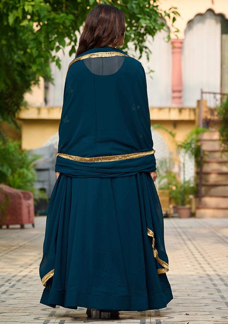 Teal Blue Embroidered Georgette Anarkali Set With Dupatta