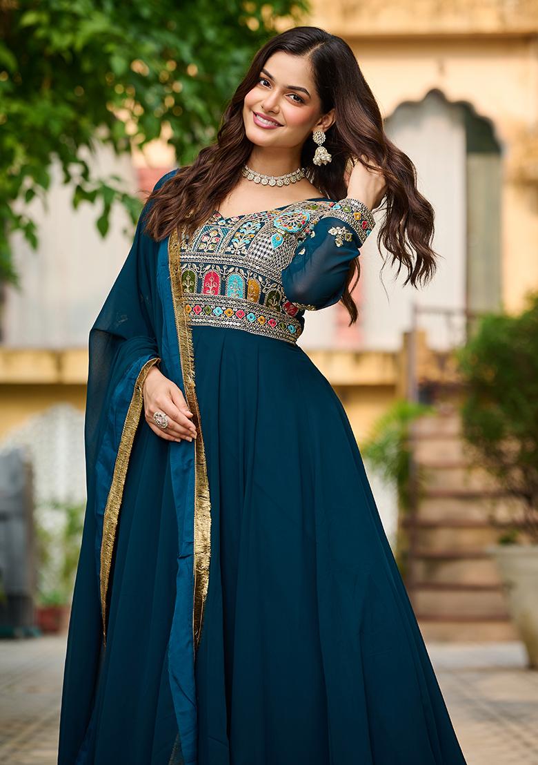 Teal Blue Embroidered Georgette Anarkali Set With Dupatta