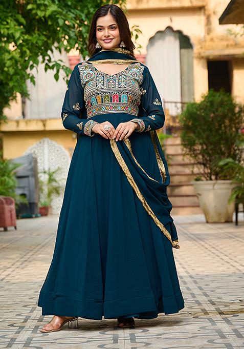 Teal Blue Embroidered Georgette Anarkali Set With Dupatta