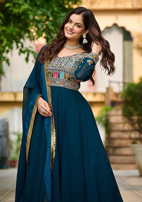 Teal Blue Embroidered Georgette Anarkali Set With Dupatta