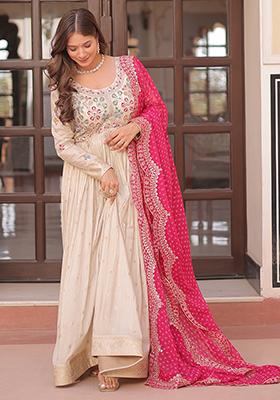 Off White Embroidered Poly Blend Anarkali Set With Dupatta