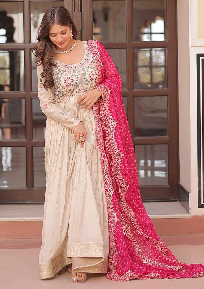 Off White Embroidered Poly Blend Anarkali Set With Dupatta - Indya