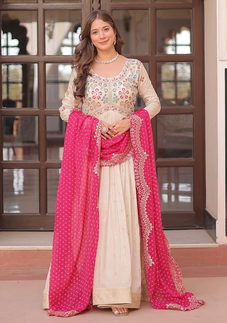 Off White Embroidered Poly Blend Anarkali Set With Dupatta - Indya