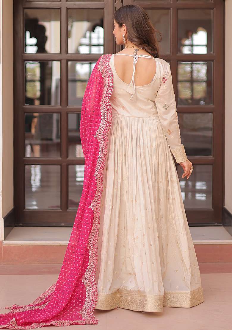 Off White Embroidered Poly Blend Anarkali Set With Dupatta - Indya