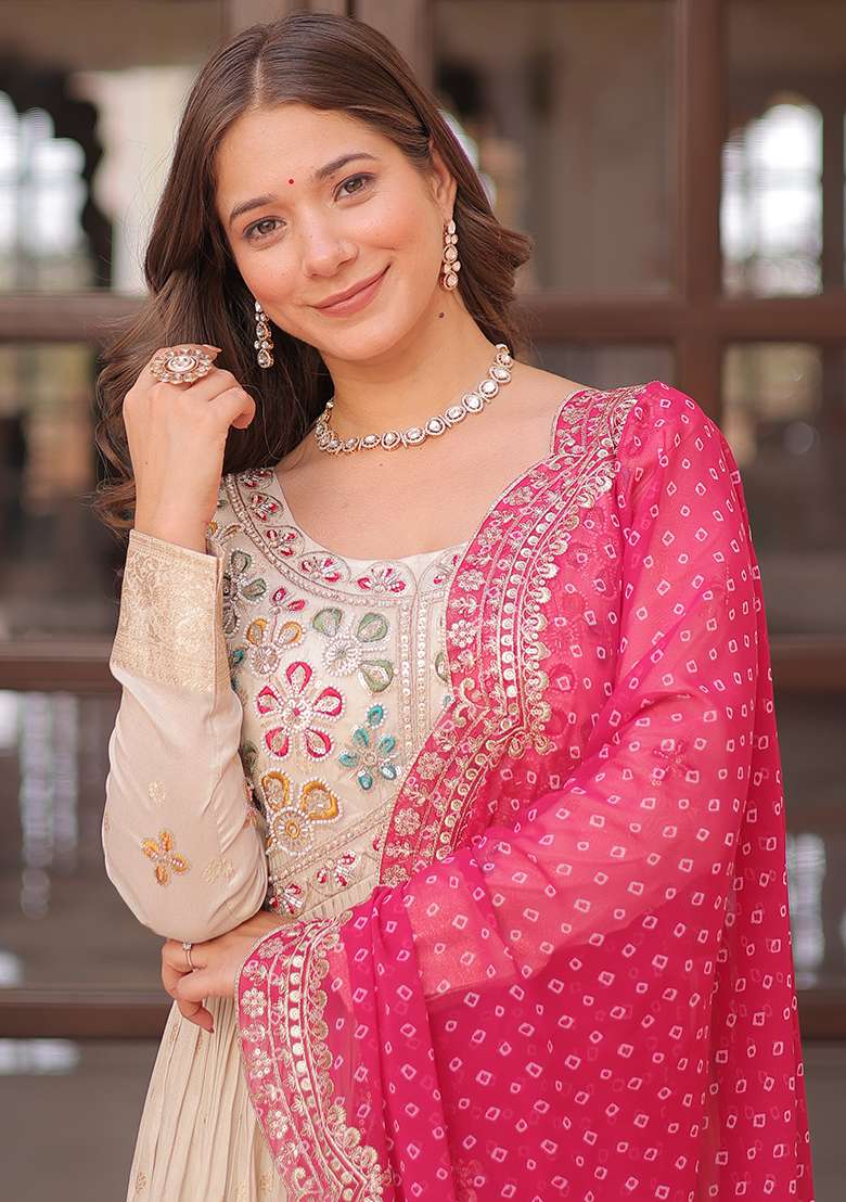 Off White Embroidered Poly Blend Anarkali Set With Dupatta - Indya
