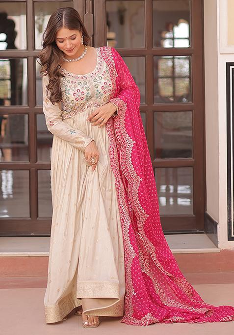 Off White Embroidered Poly Blend Anarkali Set With Dupatta