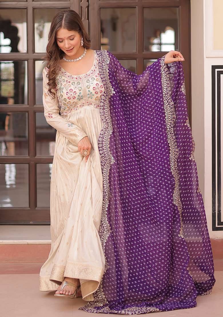 Off White Embroidered Poly Blend Anarkali Set With Dupatta - Indya
