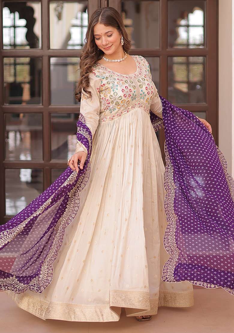 Off White Embroidered Poly Blend Anarkali Set With Dupatta - Indya