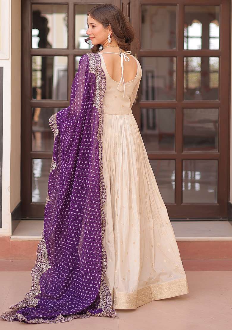 Off White Embroidered Poly Blend Anarkali Set With Dupatta - Indya