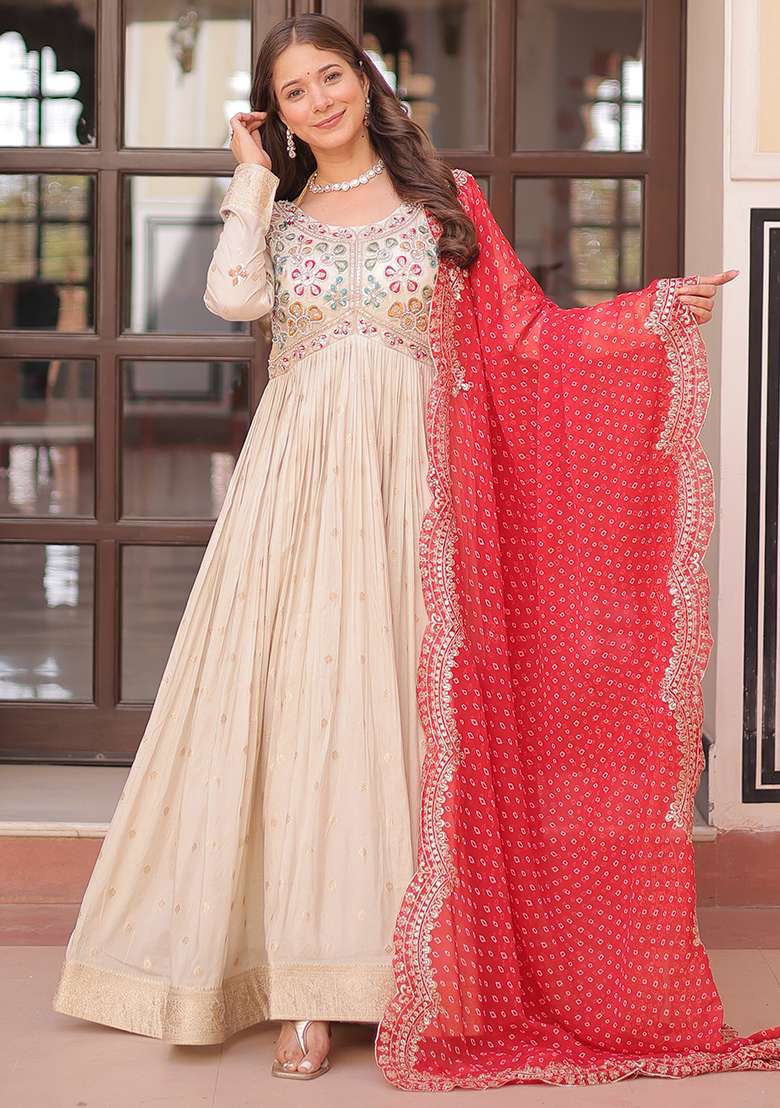 Off White Embroidered Poly Blend Anarkali Set With Dupatta - Indya