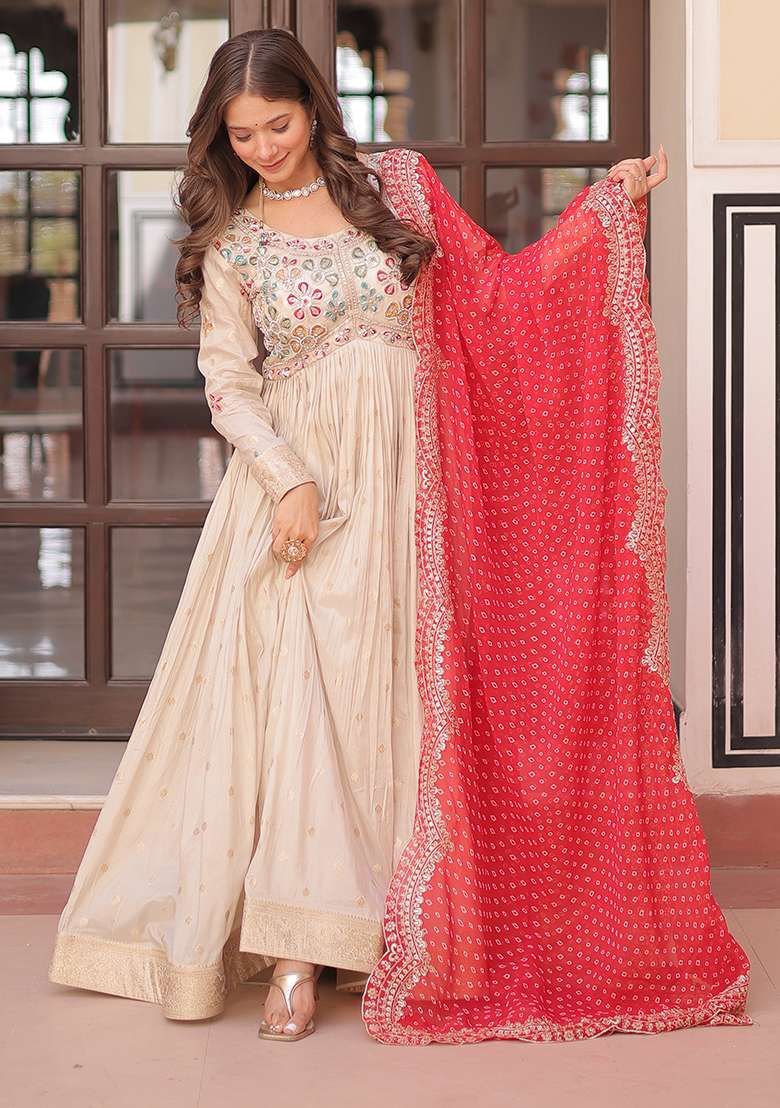 Off White Embroidered Poly Blend Anarkali Set With Dupatta - Indya