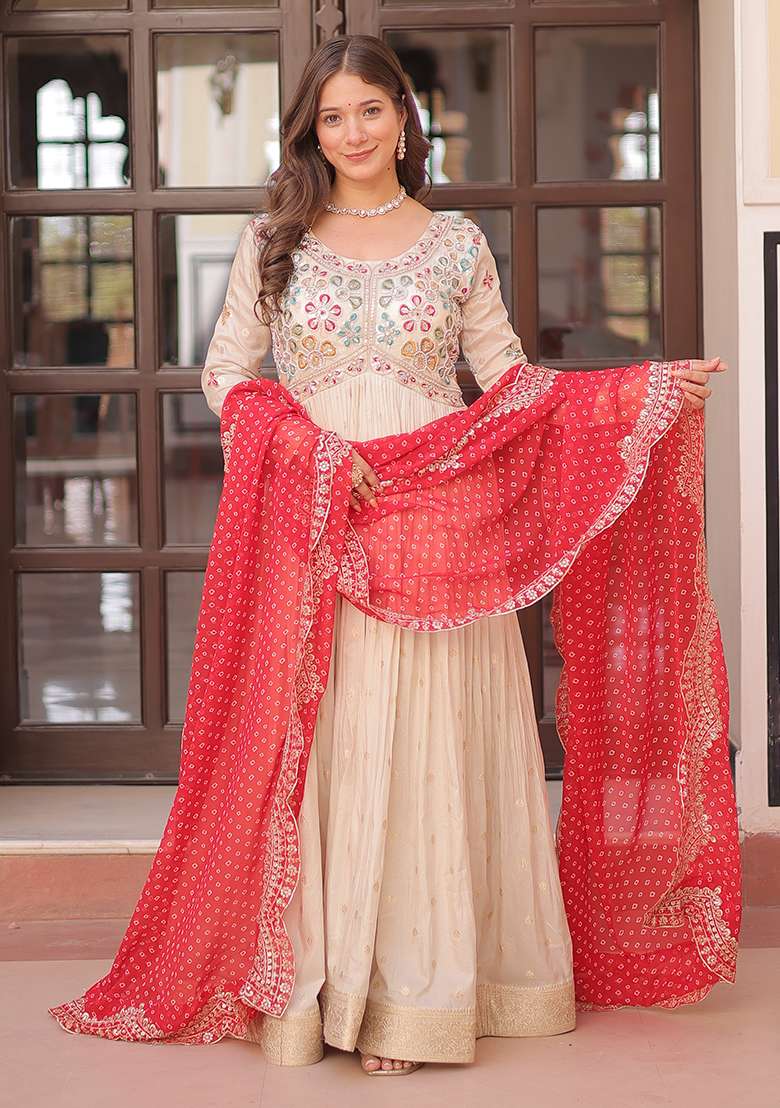 Off White Embroidered Poly Blend Anarkali Set With Dupatta - Indya