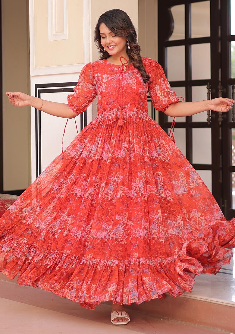 Rust Embroidered Georgette Gown