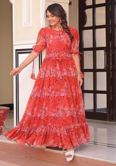 Rust Embroidered Georgette Gown