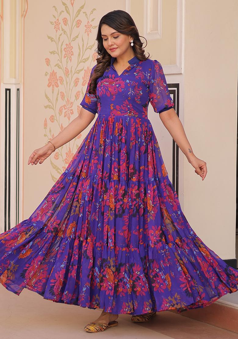 Blue Embroidered Georgette Gown