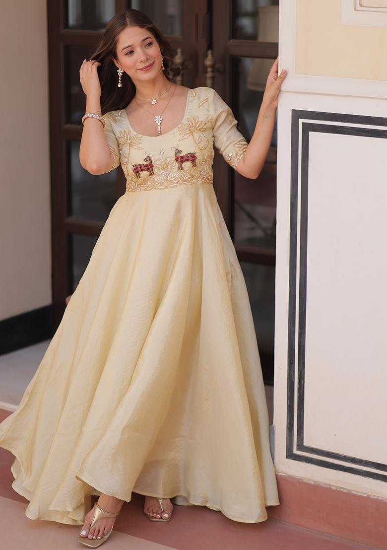 Off White Embroidered Gold Crush Gown