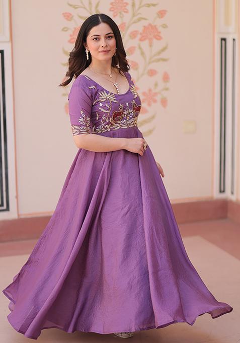 Purple Embroidered Gold Crush Gown
