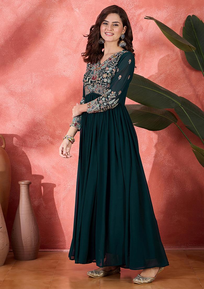 Teal Embroidered Georgette Dress