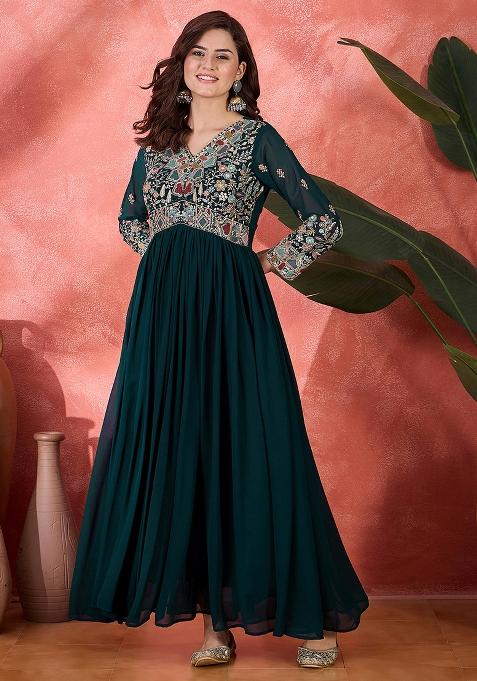 Teal Embroidered Georgette Dress