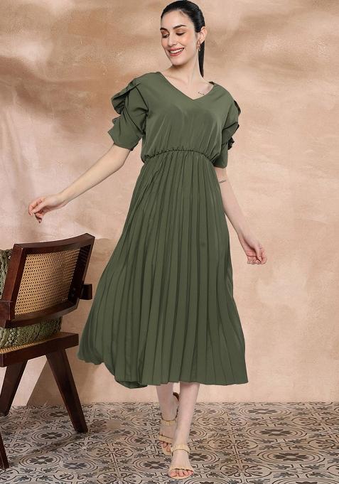 Olive Green Solid Crepe Dress