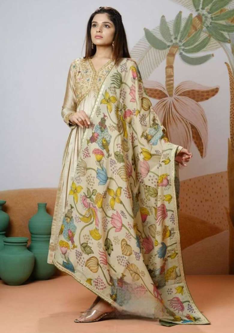 Cream Embroidered Chinon Straight Kurta Set - Indya