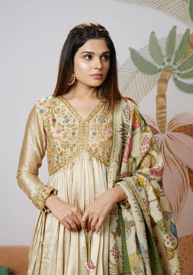 Cream Embroidered Chinon Gown