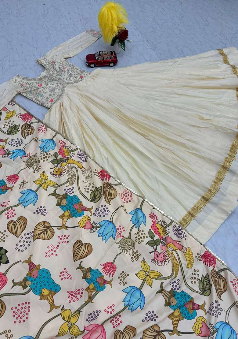 Cream Embroidered Chinon Straight Kurta Set - Indya