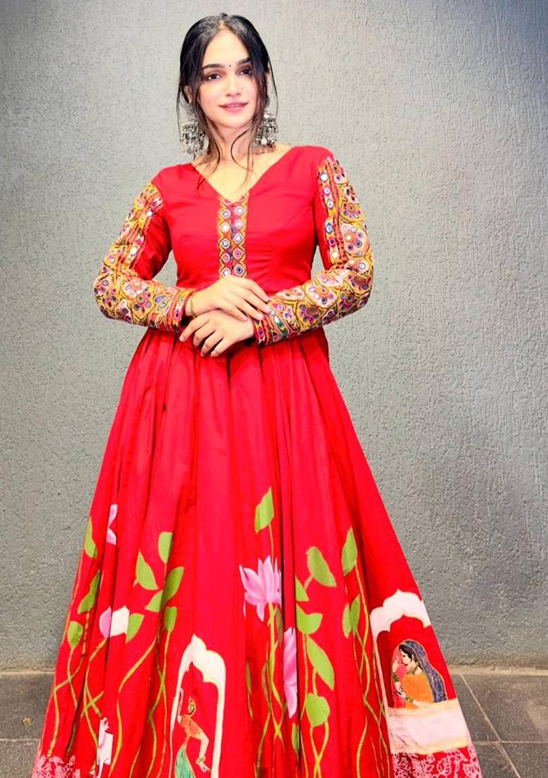 Maroon Embroidered Cotton Gown