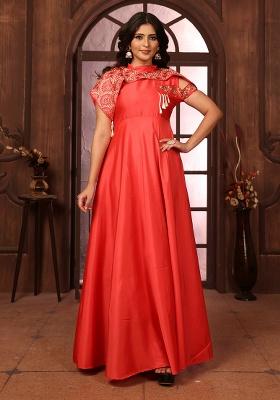 Peach Embroidered Silk Gown