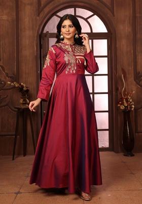 Maroon Embroidered Silk Gown