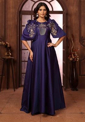 Blue Embroidered Silk Gown